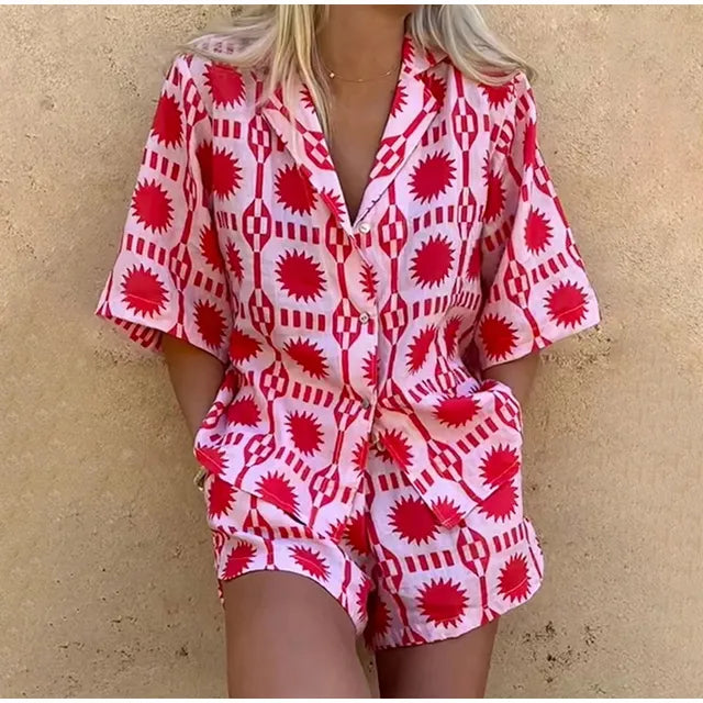 Prisca Co-ord Cotton Set | Geometric Button-Up Shirt & Shorts