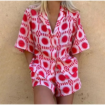 Prisca Co-ord Cotton Set | Geometric Button-Up Shirt & Shorts