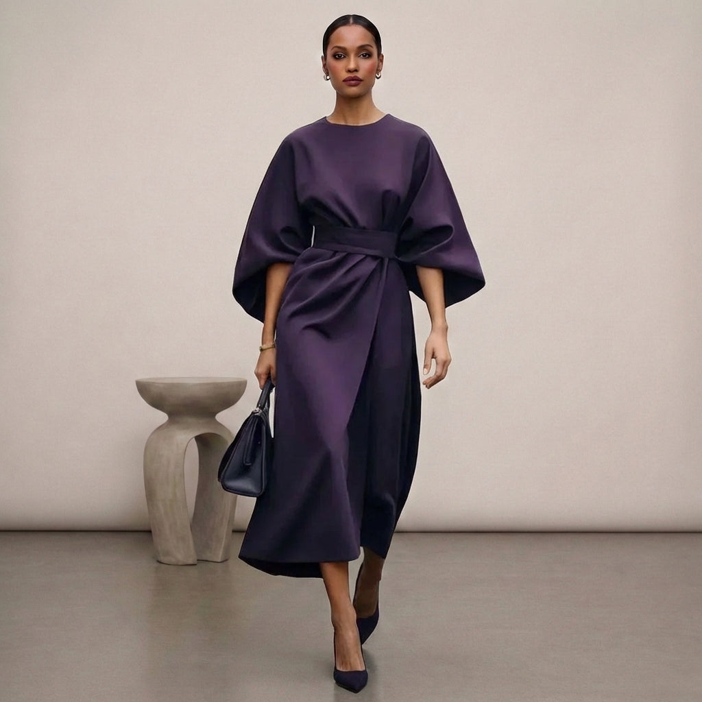 Isabella Relaxed Fit Dress | Round Neck Bat Sleeve Dress