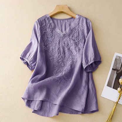 Isla Relaxed Fit Blouse | Embroidered V-Neck Three-Quarter Sleeve Blouse