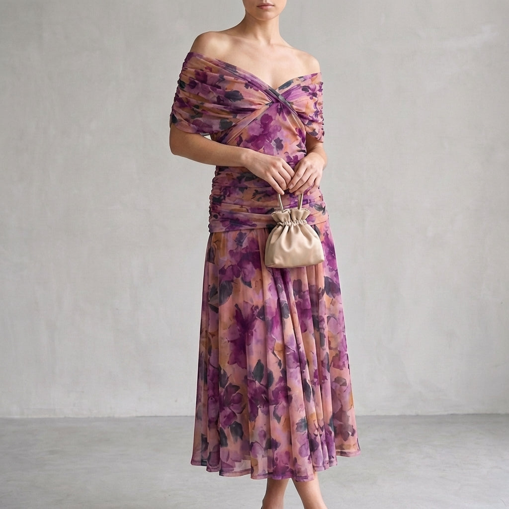 Aurora A-Line Midi Dress | Off-Shoulder Ruched Midi Dress