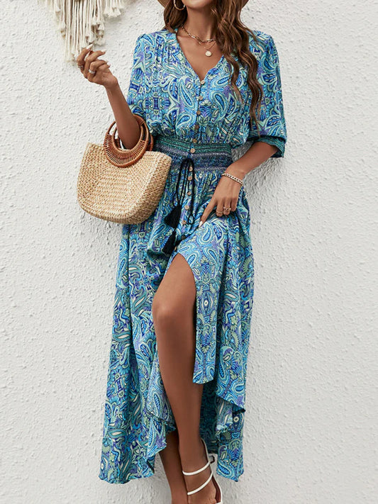Qamira Dress | Bohemian Long Dress with Cinched Waist & 3/4 Sleeves