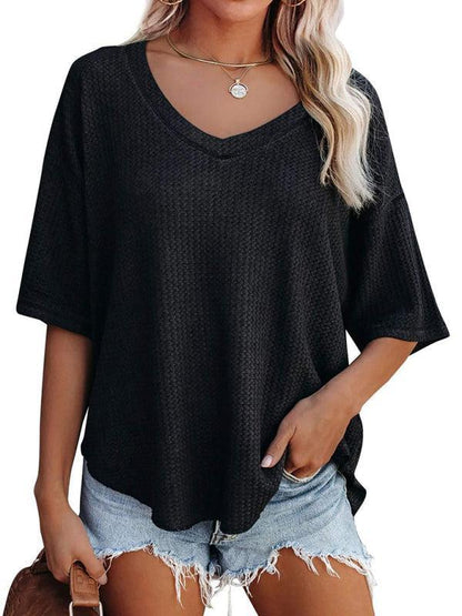 Qelara T-Shirt | V Neck Loose Sleeve Waffle Knit T-Shirt