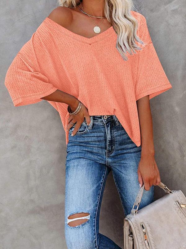 Qelara T-Shirt | V Neck Loose Sleeve Waffle Knit T-Shirt