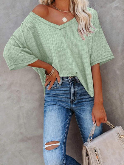 Qelara T-Shirt | V Neck Loose Sleeve Waffle Knit T-Shirt