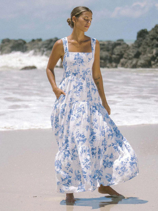 Qelina Dress | Breezy Blue & White Flowy Maxi Dress with Cross Strap Detail