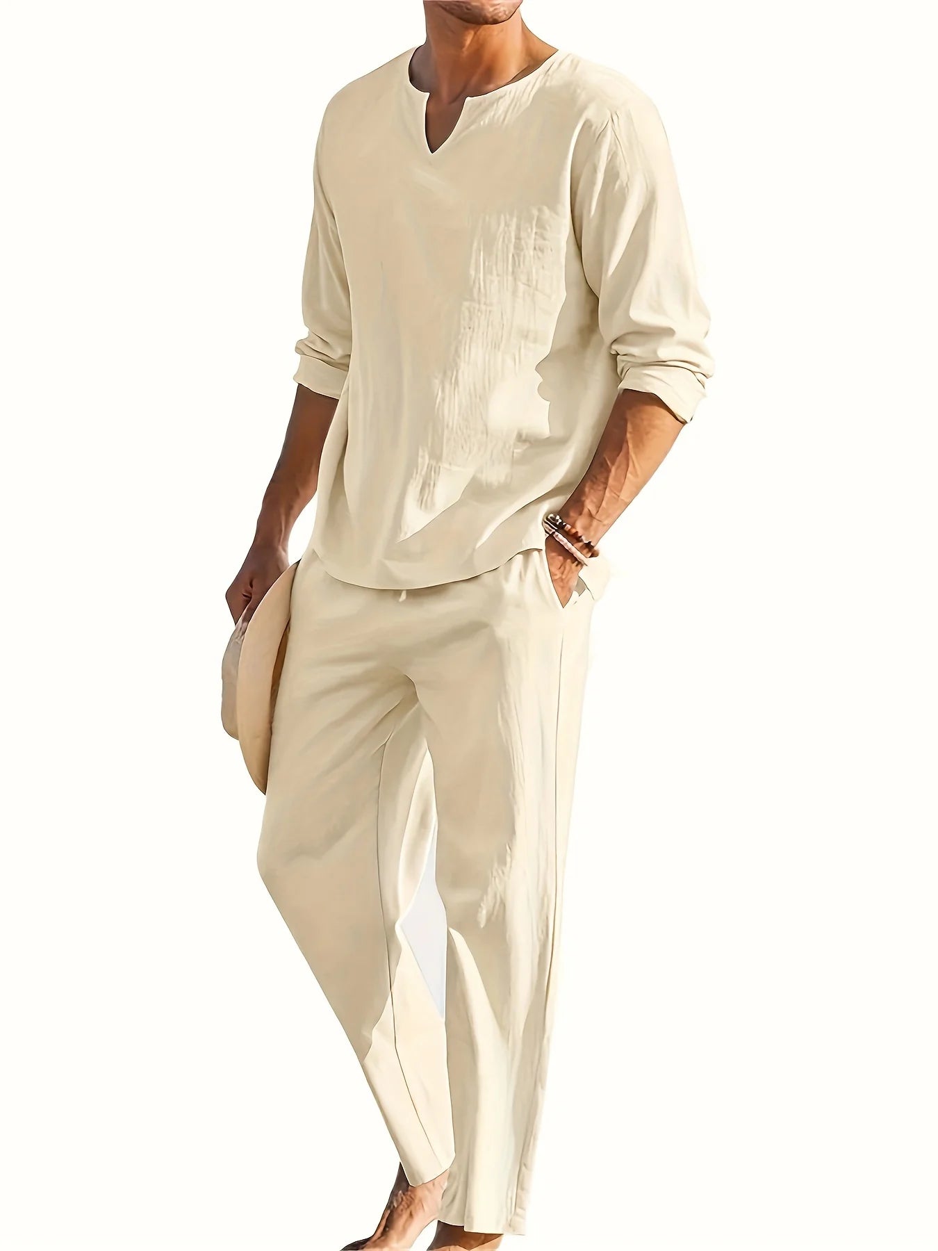 Qierro Lounge Set | Men's V-Neck Long Sleeve Top & Relaxed Fit Pants