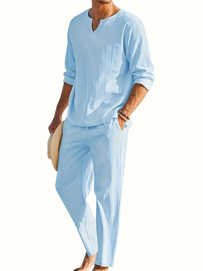 Qierro Lounge Set | Men's V-Neck Long Sleeve Top & Relaxed Fit Pants