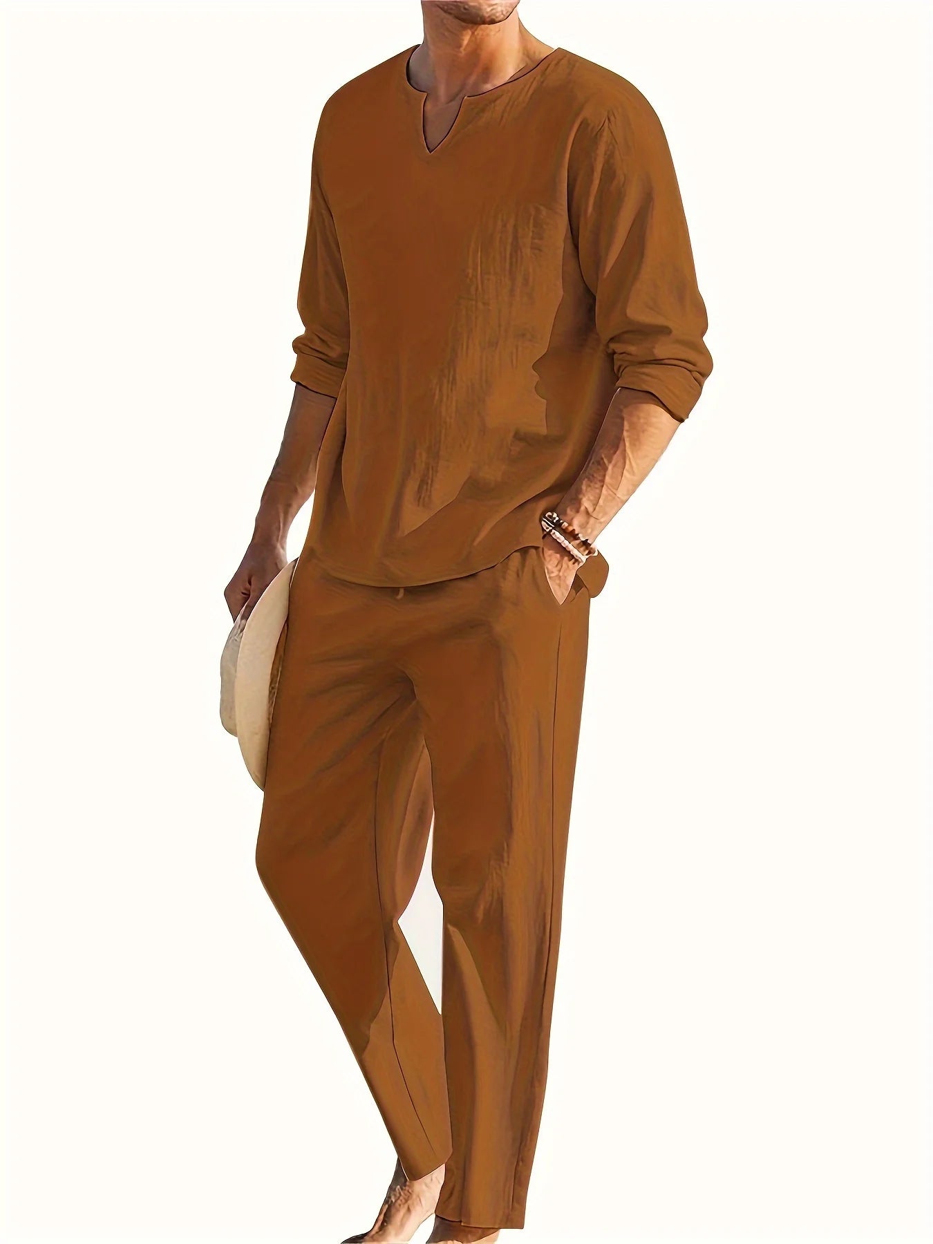 Qierro Lounge Set | Men's V-Neck Long Sleeve Top & Relaxed Fit Pants