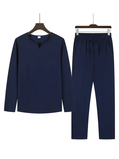 Qierro Lounge Set | Men's V-Neck Long Sleeve Top & Relaxed Fit Pants
