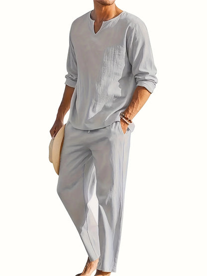 Qierro Lounge Set | Men's V-Neck Long Sleeve Top & Relaxed Fit Pants