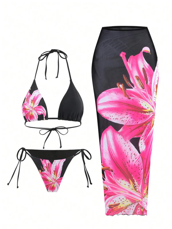 Quarissa Bikini Set | Lotus Print Triangle Bikini With Sheer Maxi Skirt