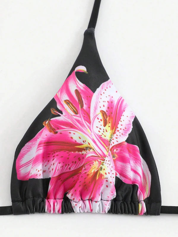 Quarissa Bikini Set | Lotus Print Triangle Bikini With Sheer Maxi Skirt