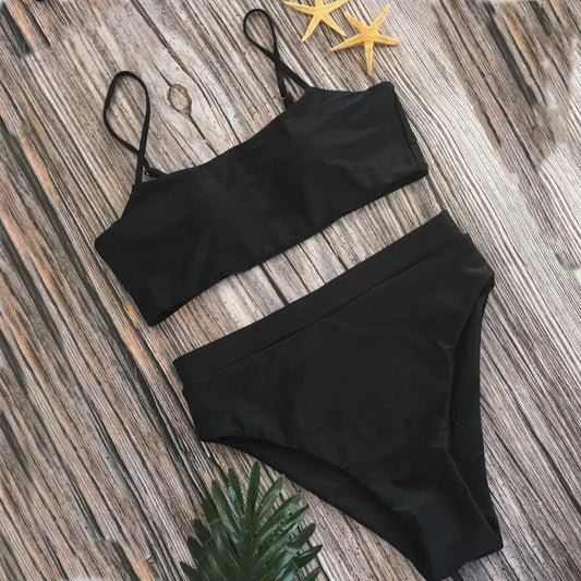 Queenie High-Waisted Bikini Set | Sleek Bandeau Top & Shaping Bottoms
