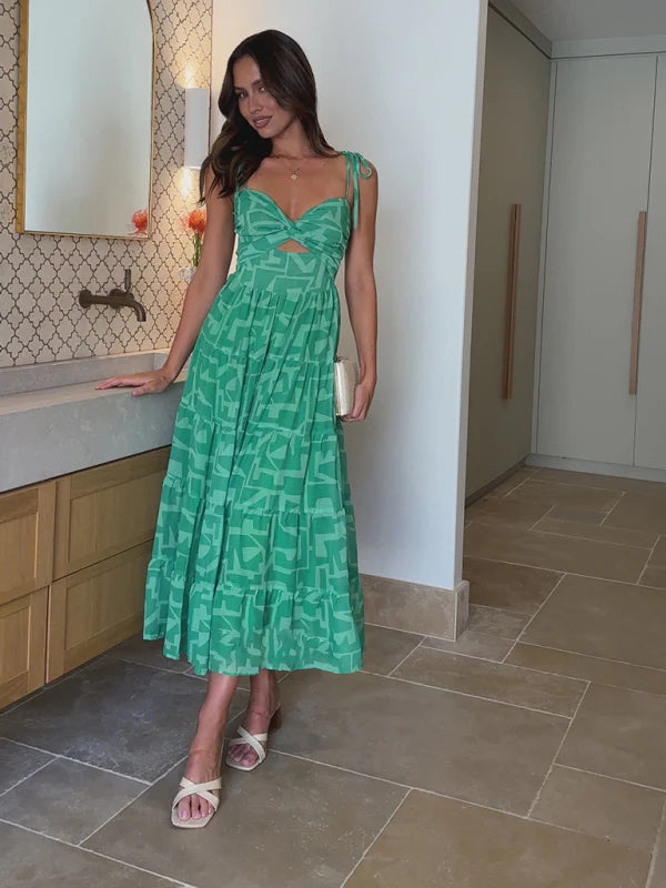 Queeny Dress | Green Pattern Maxi Dress with Sweetheart Neckline