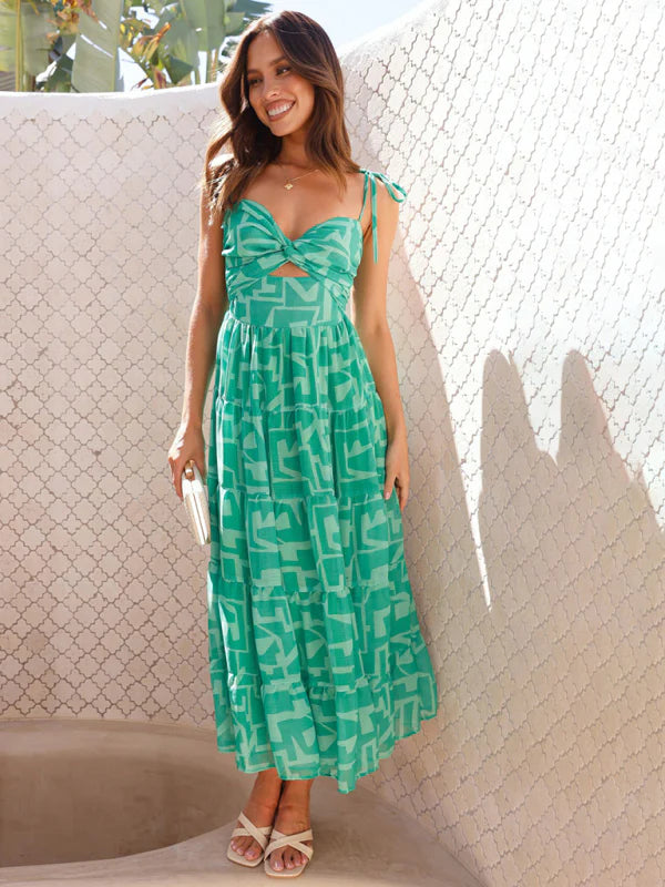 Queeny Dress | Green Pattern Maxi Dress with Sweetheart Neckline