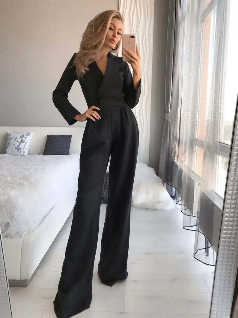 Quelinah Jumpsuit | Women's Autumn Wide-Leg V-Neck Jumpsuit