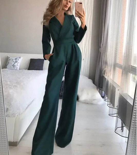 Quelinah Jumpsuit | Women's Autumn Wide-Leg V-Neck Jumpsuit
