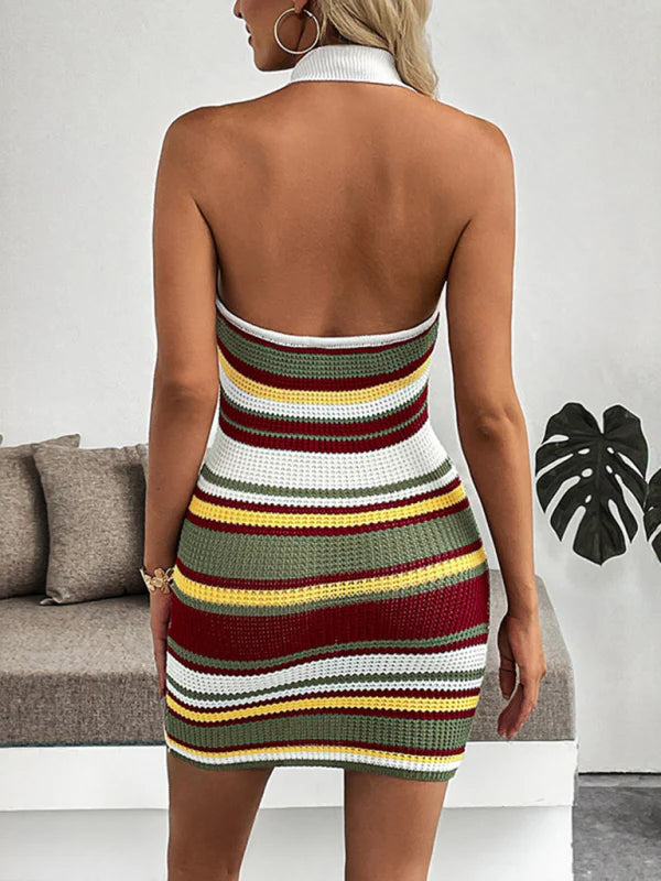 Quiala Dress | Striped Halter Neck Knit Mini Dress