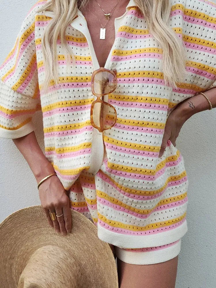 Quiana Breathable Summer Knit Set | Striped 2-Piece with Revere Collar & Shorts
