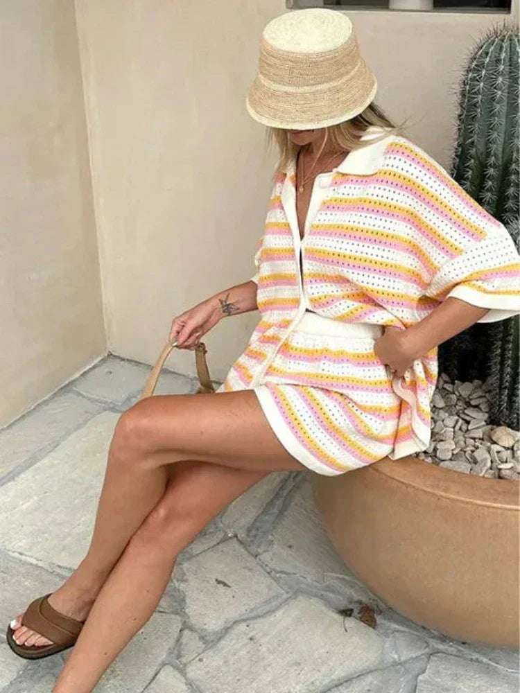 Quiana Breathable Summer Knit Set | Striped 2-Piece with Revere Collar & Shorts