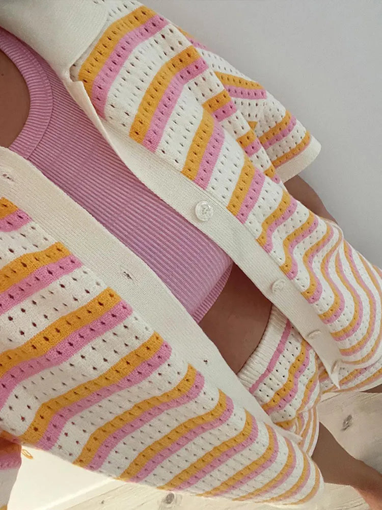 Quiana Breathable Summer Knit Set | Striped 2-Piece with Revere Collar & Shorts