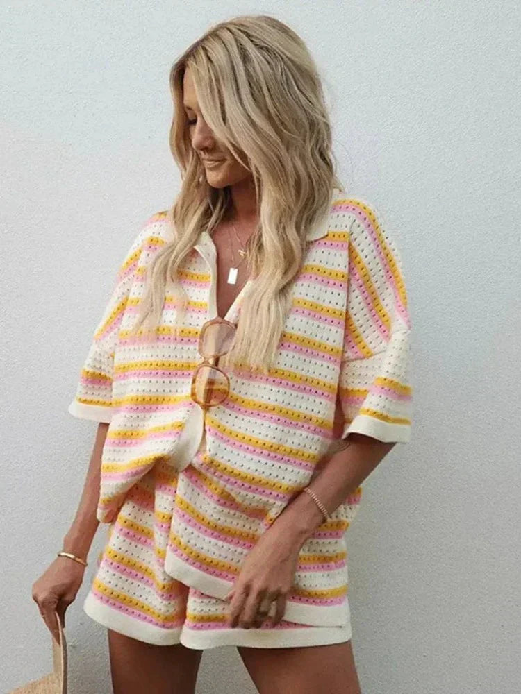 Quiana Breathable Summer Knit Set | Striped 2-Piece with Revere Collar & Shorts