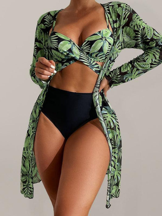 Quindolyn Bikini Set | Tropical Print 3-Piece with Wrap Cover-Up