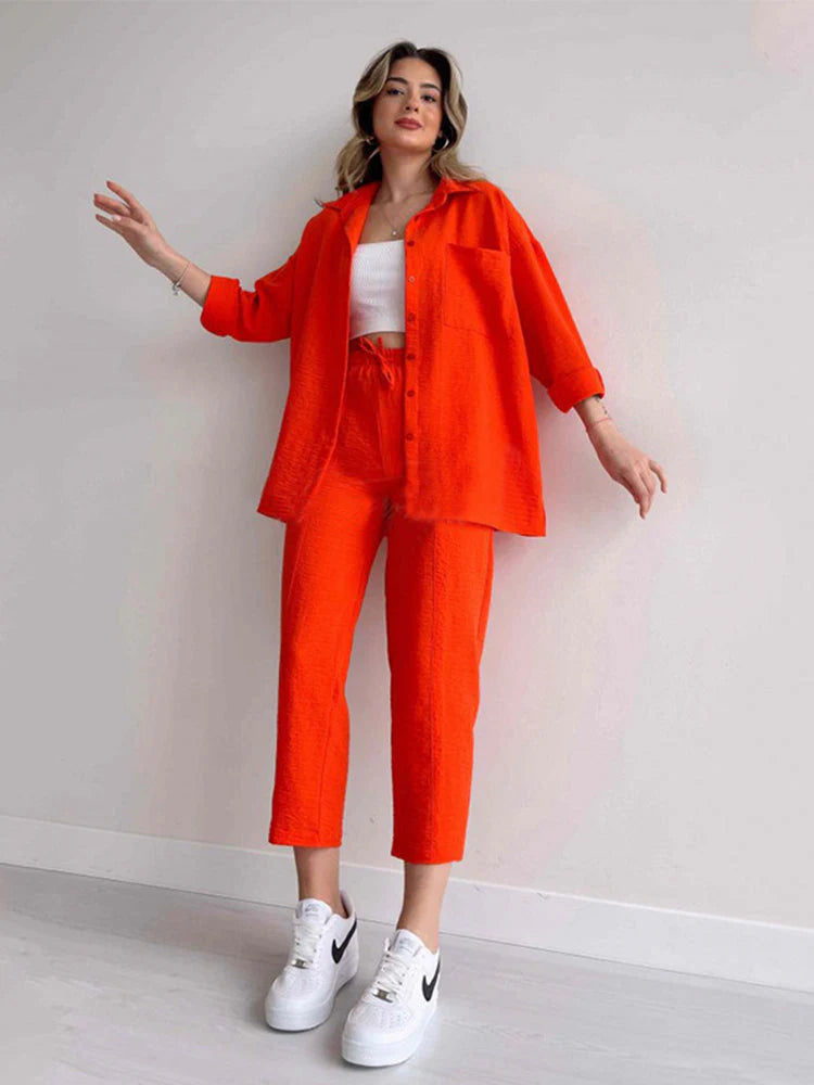 Quintessa Co-Ord Set | Oversized Button-Up Shirt & Wide-Leg Trousers