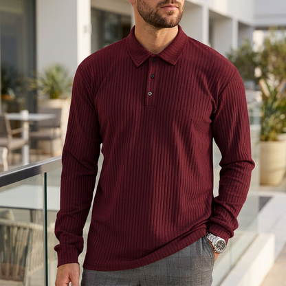 Joshua Ribbed Collared Long Sleeve Polo Shirt | Solid Regular Fit Polo Shirt