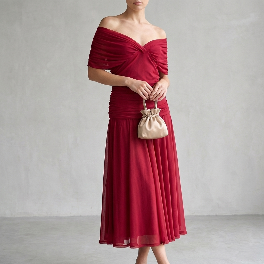 Aurora A-Line Midi Dress | Off-Shoulder Ruched Midi Dress