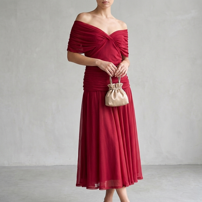 Aurora A-Line Midi Dress | Off-Shoulder Ruched Midi Dress