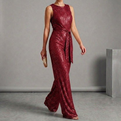 Isabella Wide Leg Glitter Embellished Jumpsuit | Belted Sleeveless Jumpsuit