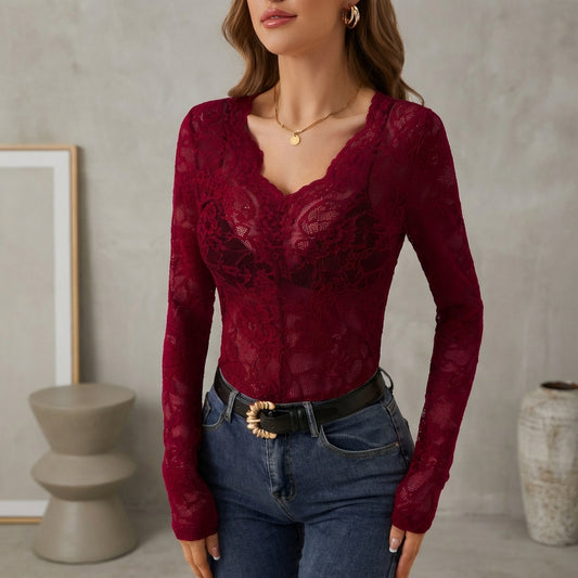 Isla Fitted Lace Top | Scalloped Trim Sheer Lace Top