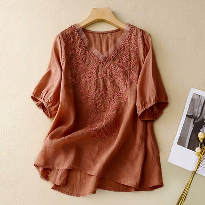 Isla Relaxed Fit Blouse | Embroidered V-Neck Three-Quarter Sleeve Blouse