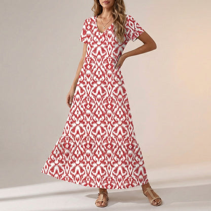 Freya Ikat Print Maxi Dress | V-Neck Ruffled Hem Dress
