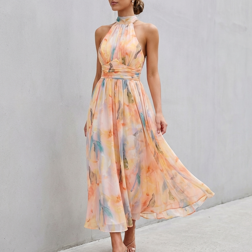 Isla A-Line Maxi Dress | Halter Neck Floral Sleeveless Dress