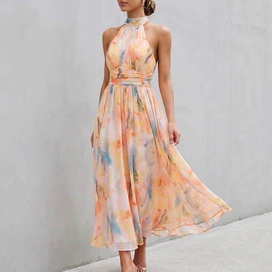 Isla A-Line Maxi Dress | Halter Neck Floral Sleeveless Dress