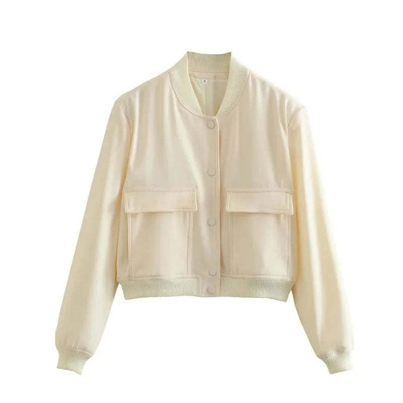 Clara  Cropped Bomber Jacket | Snap Buttons Flap Pockets Bomber Jacket