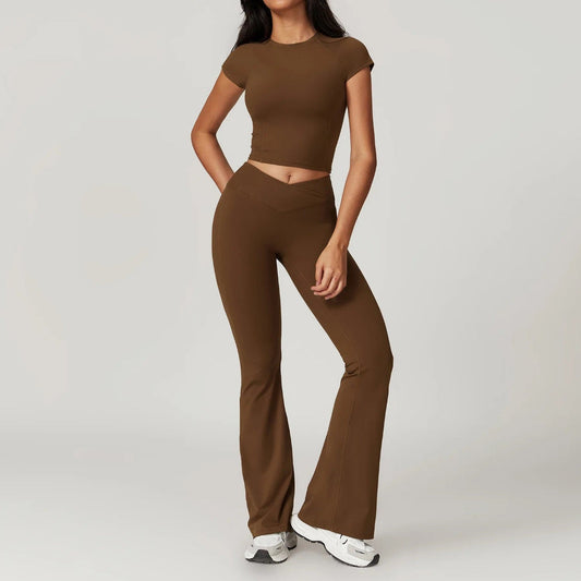Freya Form-Fitting Crop Top And Fitted Flare Flare Leggings Two-Piece Set | Crewneck Cap Sleeve Crop Top And Flare Leggings