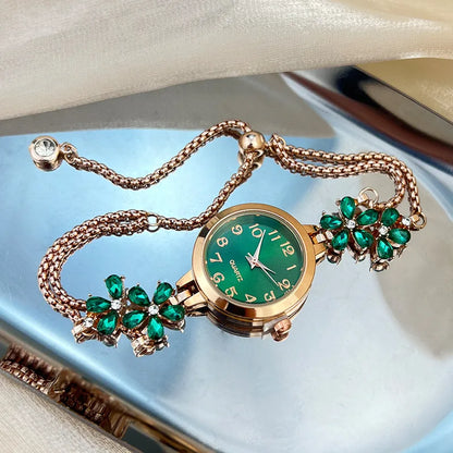 Isla Floral Jeweled Bracelet Style Wristwatch | Fur Trim Wristwatch