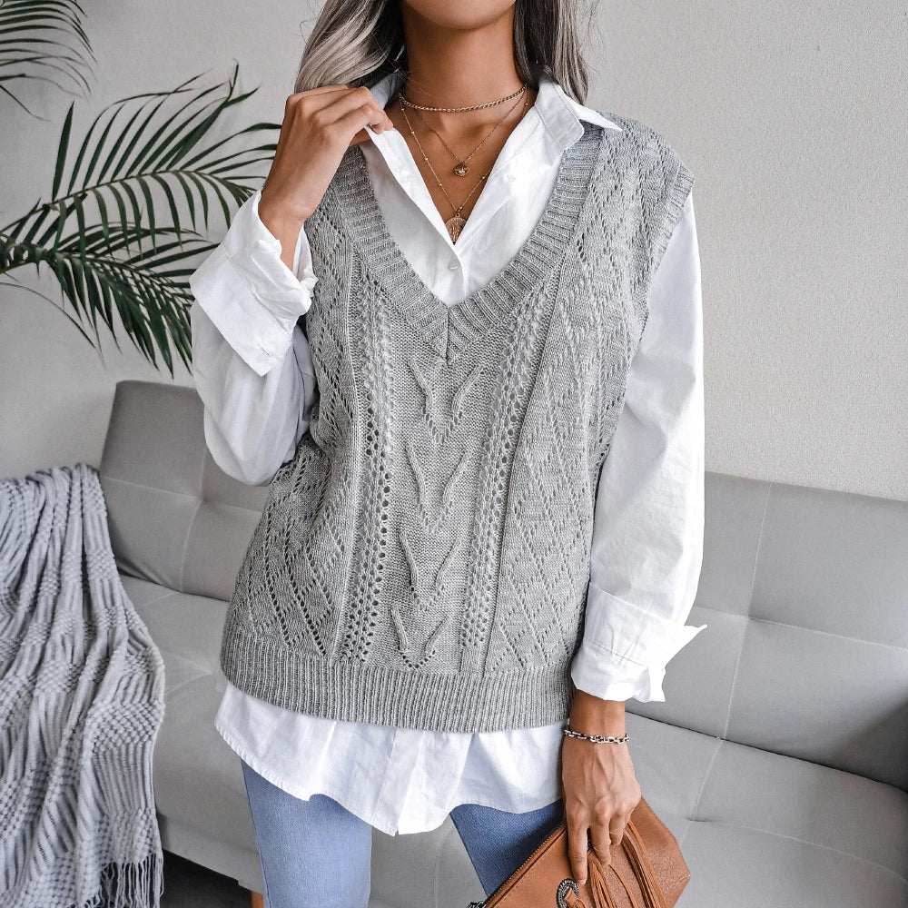 Amelia Textured Knit Cable Knit Sweater Vest | Relaxed Fit V-Neck Sleeveless Sweater Vest