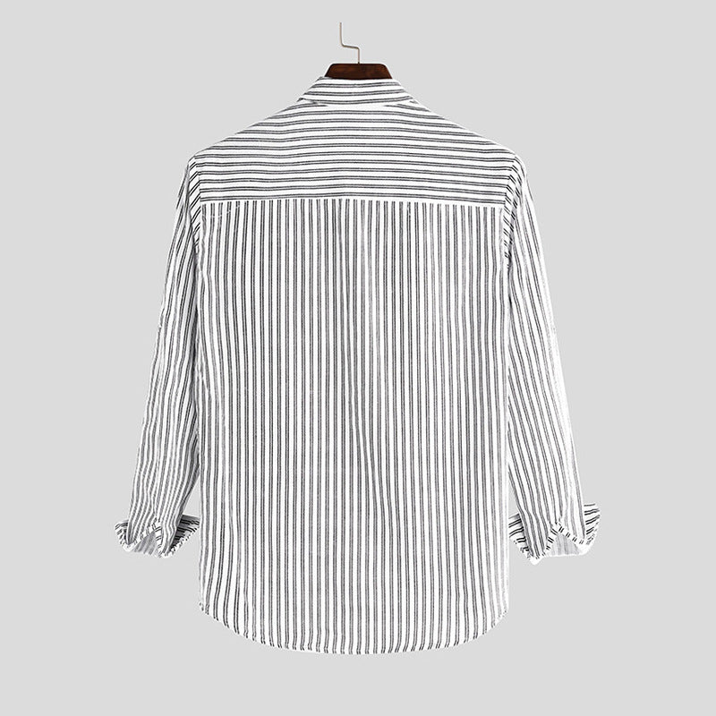 Leo Relaxed Fit Band Collar Shirt | Striped Hip-Length Shirt