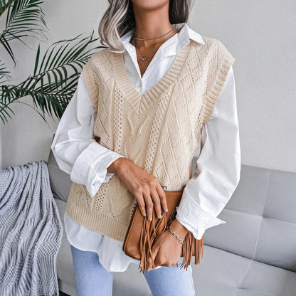 Amelia Textured Knit Cable Knit Sweater Vest | Relaxed Fit V-Neck Sleeveless Sweater Vest