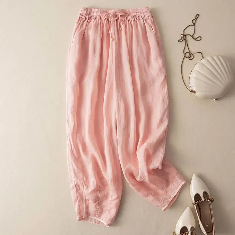 Amelia Relaxed Fit Pants | Drawstring Waist Embroidered Hem Pants