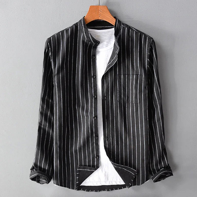 Leo Relaxed Fit Band Collar Shirt | Striped Hip-Length Shirt
