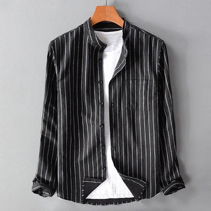 Leo Relaxed Fit Band Collar Shirt | Striped Hip-Length Shirt