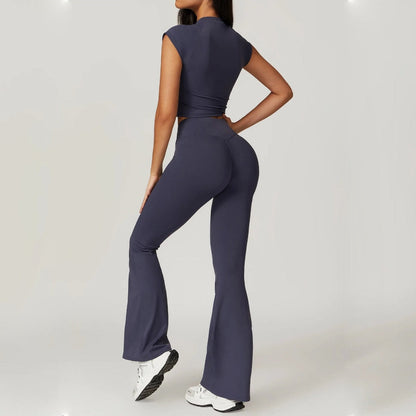 Freya Form-Fitting Crop Top And Fitted Flare Flare Leggings Two-Piece Set | Crewneck Cap Sleeve Crop Top And Flare Leggings