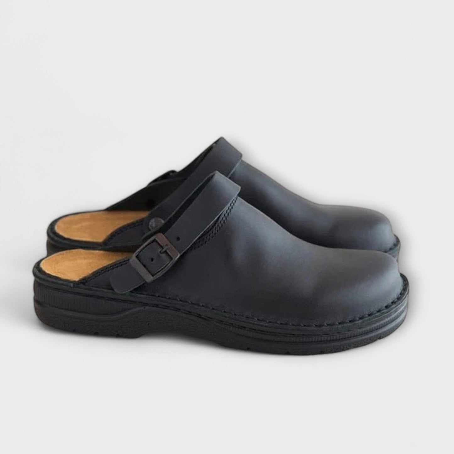 Oliver Leather Orthopedic Relaxed Fit Clogs | Buckle Strap Thick Sole Clogs