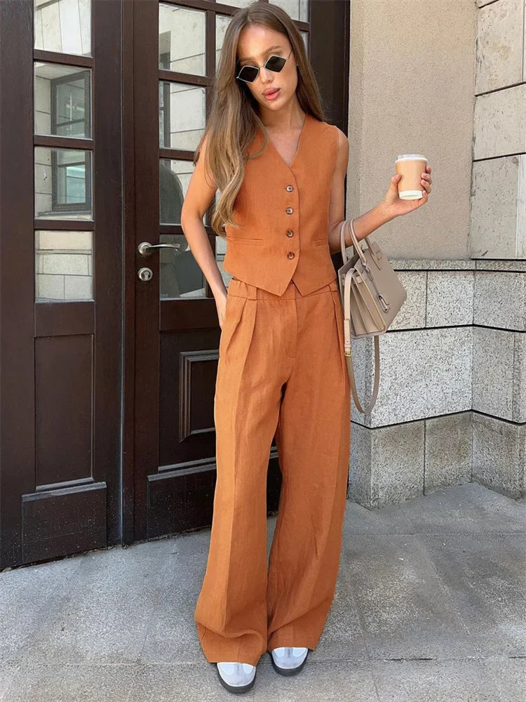 Flora Tailored Fit Vest & Relaxed Fit Wide Leg Trousers Two-Piece Set | Button Front Casual Set
